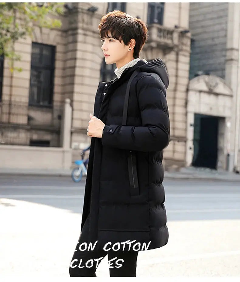 Mid-length black puffer hooded jacket for men, warm cotton-padded coat