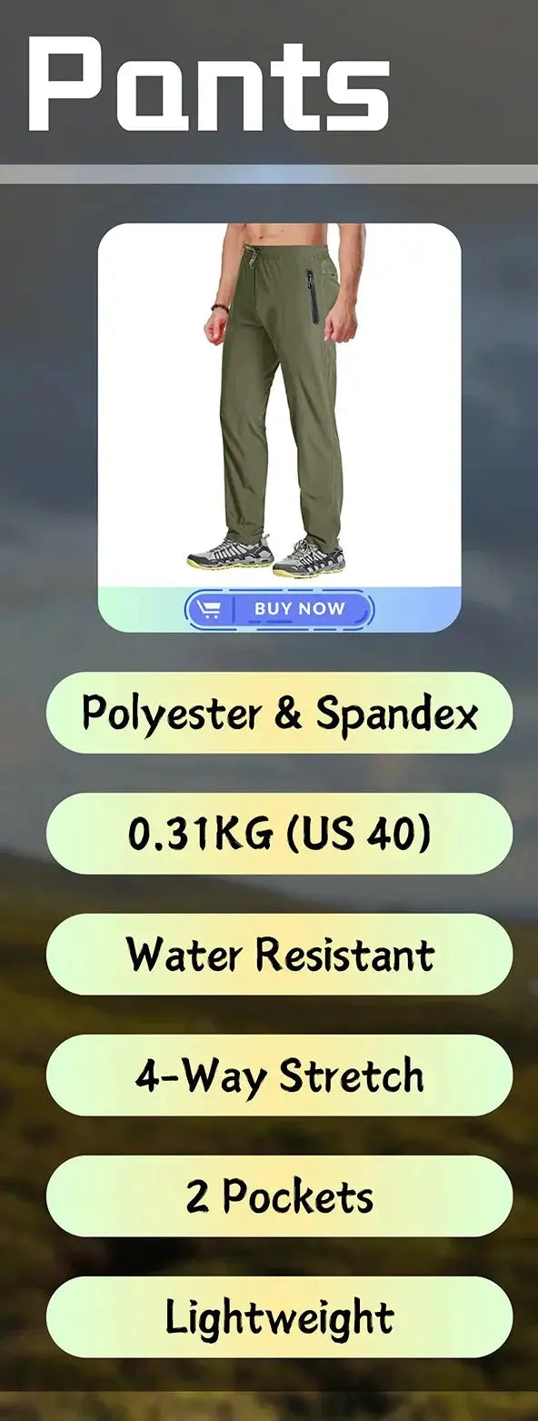 Pants: olive green polyester and spandex hiking pants with zip pocket; lightweight and water resistant.