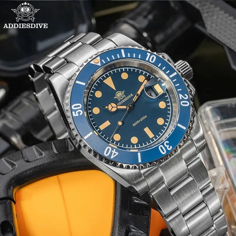 ADDIESDIVE 41mm men's quartz dive watch with blue dial, blue bezel, stainless steel bracelet, luminous hands, 200m
