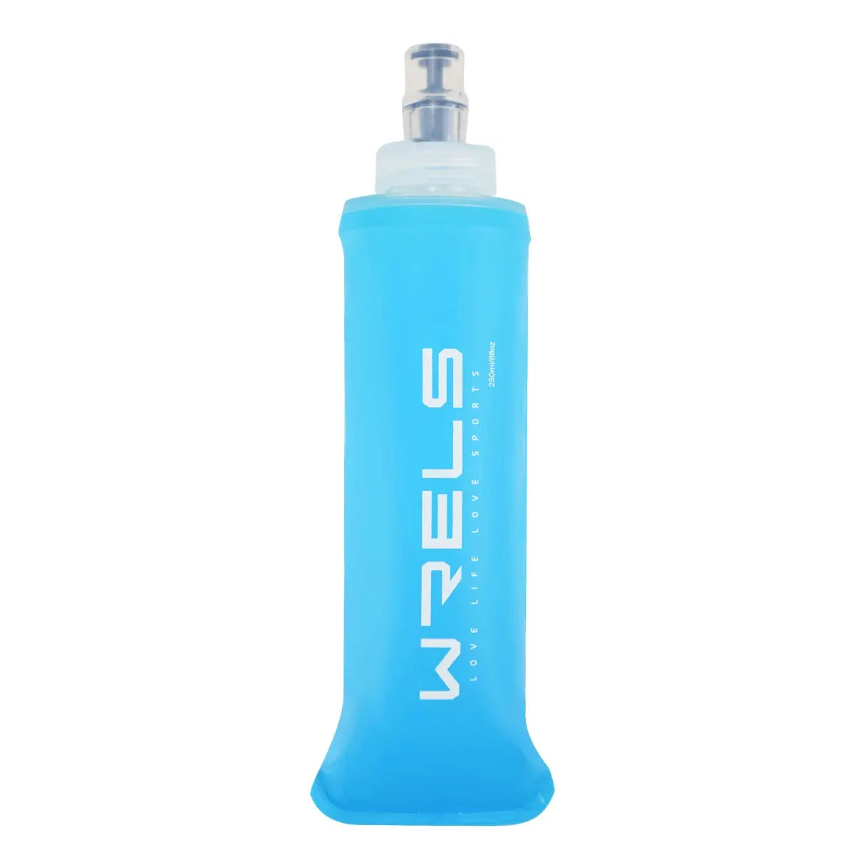 WRELS soft collapsible water bottle in blue with white logo for sports hydration