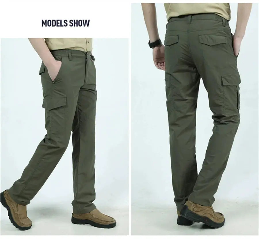 Simples Market men's outdoor waterproof tactical cargo pants, olive green, quick-dry breathable with multiple pockets.