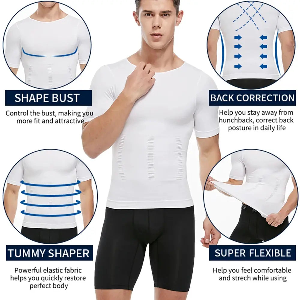 Men's short sleeve compression T-shirt by Simples Market, white tummy-control shapewear.