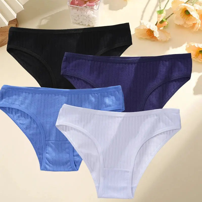 4-pack women's cotton striped ribbed briefs in black, purple, blue, and white