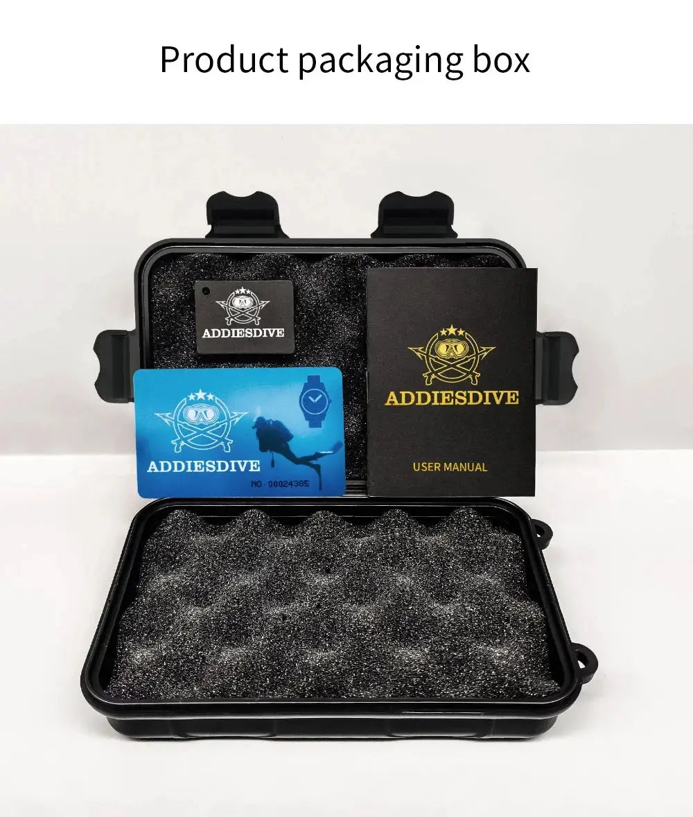 ADDIESDIVE watch packaging box with black foam insert, blue card, and black user manual