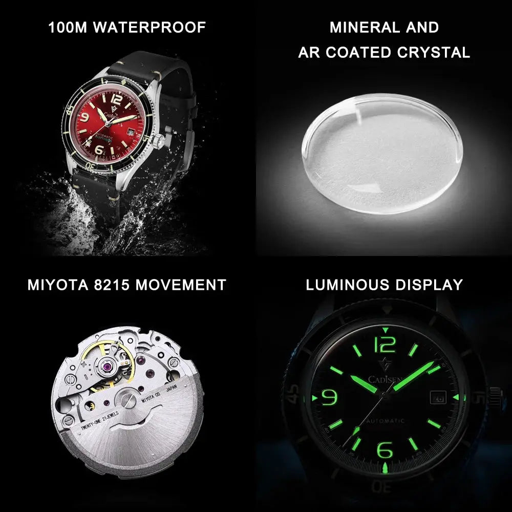 CADISEN 2026 Men's Mechanical Watch with MIYOTA 8215, leather strap, 100m waterproof, luminous red dial four features