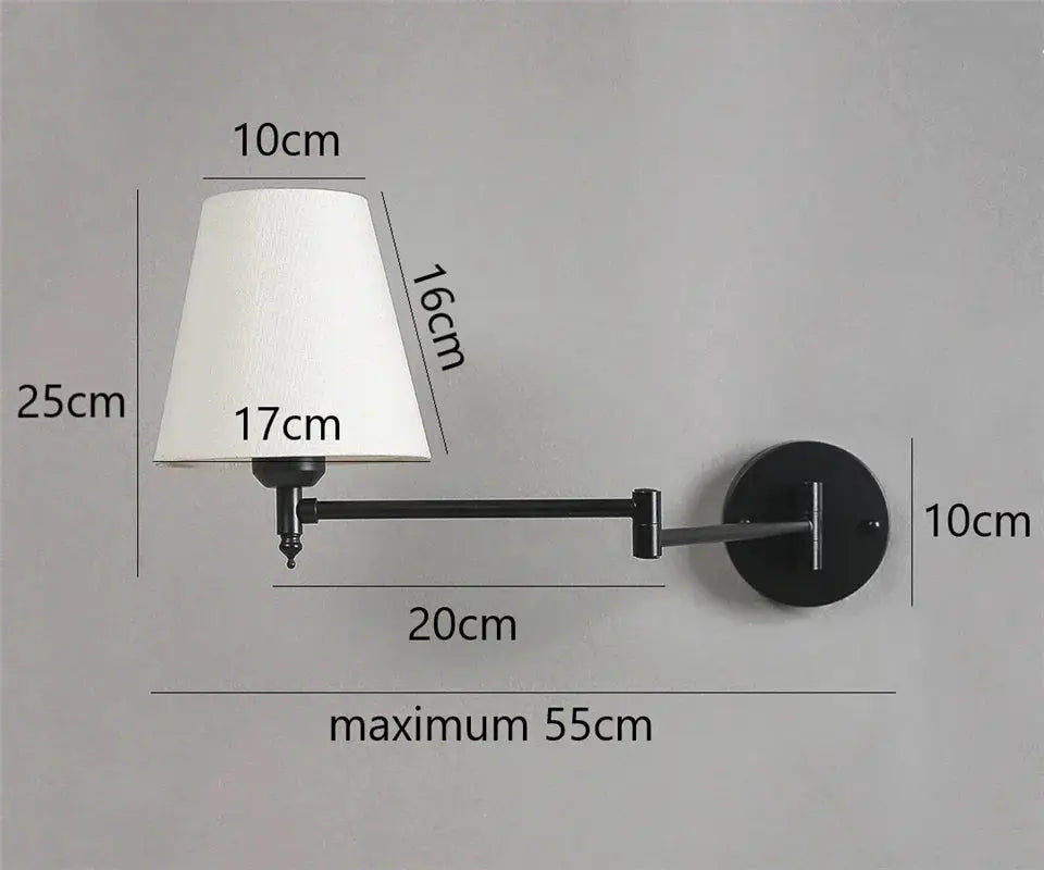 Nordic adjustable rotating wall lamp by Simples Market; black metal arm, white fabric shade, LED, extendable up to 55 cm.