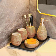 Simples Market ceramic bathroom set: shampoo dispenser, soap dish, toothbrush holders (2) and rinse cup on a tray