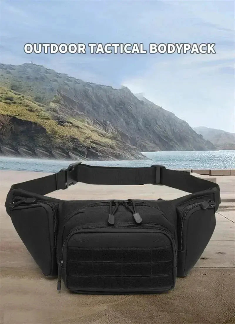 Tactical multi-function waist pack fanny bag in black nylon with multiple zip pockets