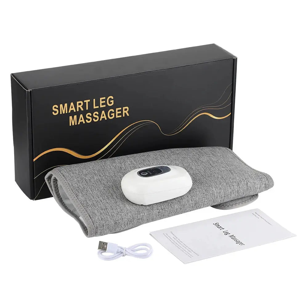 Smart Leg Massager by Simples Market; gray fabric wrap, white wireless controller, USB cable and manual