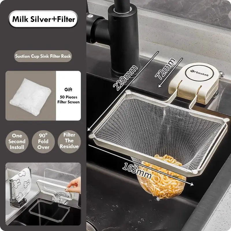 PrimeHome Foldable Sink Filter Rack With Iron Frame PET Mesh And Removable Suction Cup For Easy Drainage