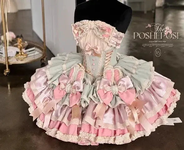 Girls Birthday Lolita Dress Tube Top Satin Bowknot Pettiskirt Mini