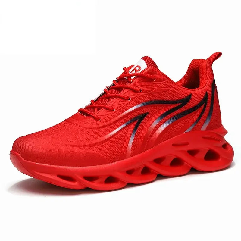 Running shoe in red mesh with breathable upper and wave-patterned sole