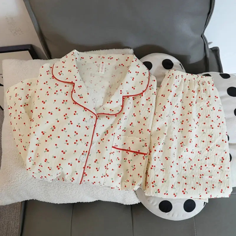 Autumn Cherry Pajama Set for Women Soft Polyester Knit Two Piece with Lapel Cardigan and Ankle Pants