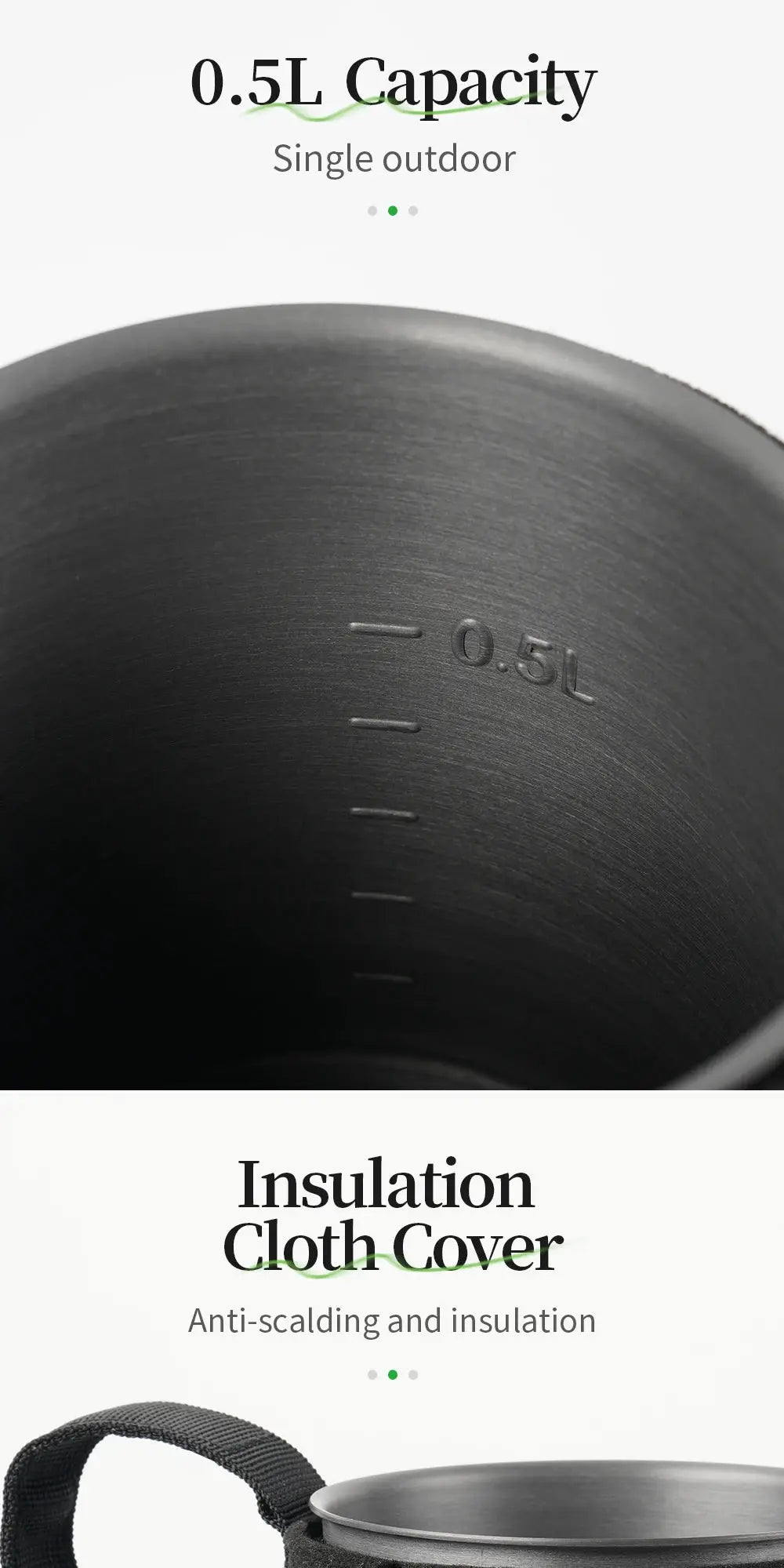 BRS-61 camping pot with 0.5L capacity, insulation cloth cover, and black inner surface with strap handle
