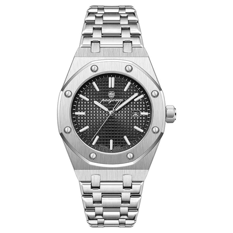 PAAZOMU stainless steel men's quartz watch with black textured dial and date window