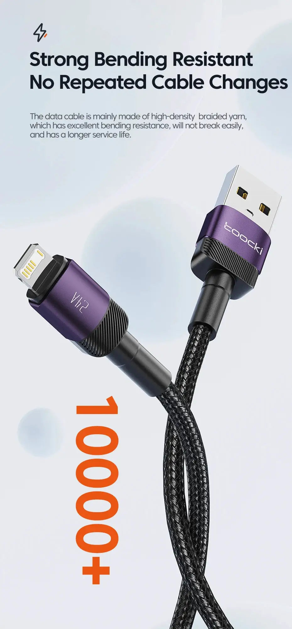 Toocki USB-A to Lightning cable with purple aluminum ends and braided black cord