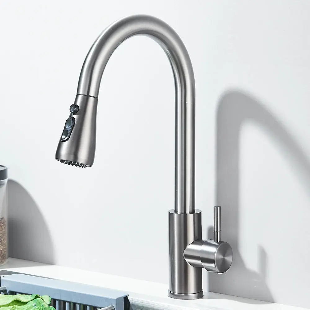 Pull-out kitchen faucet in brushed nickel with high-arc stainless steel spout