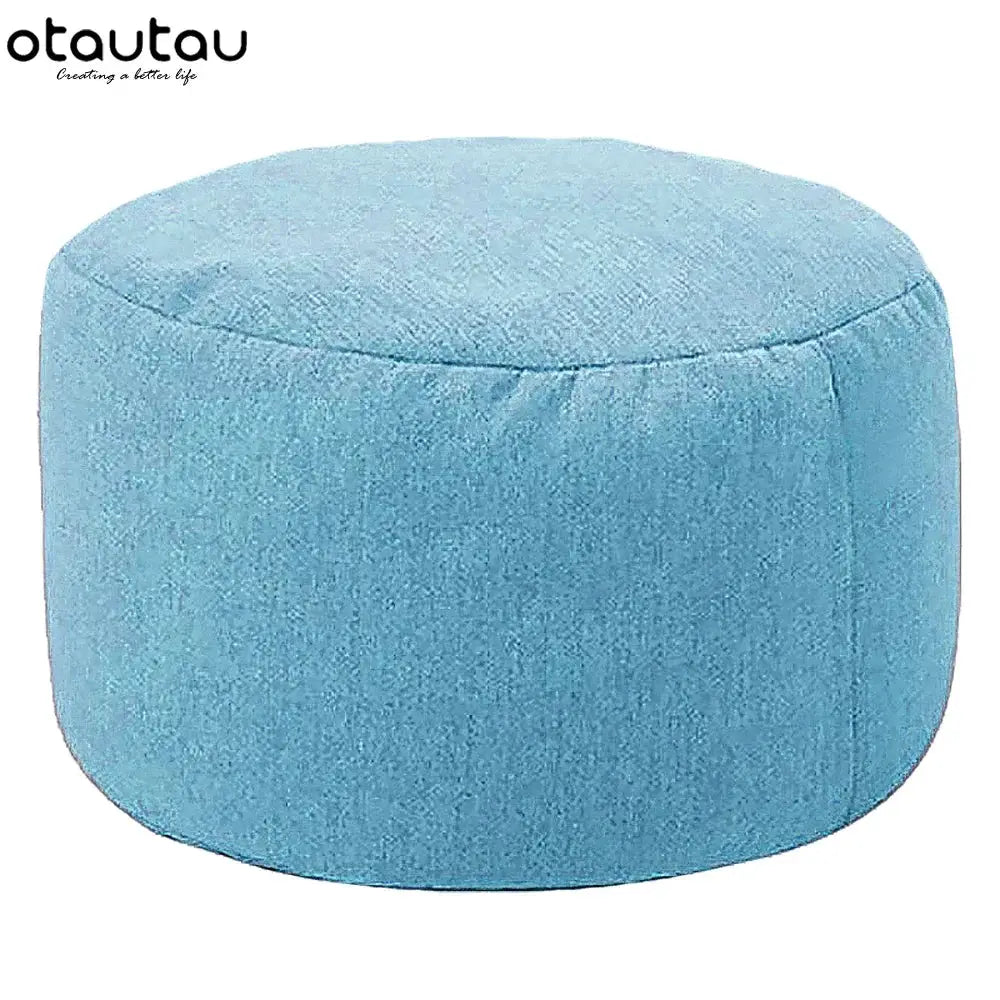 OTAUTAU blue round linen bean bag pouf with filling for lounge relaxation