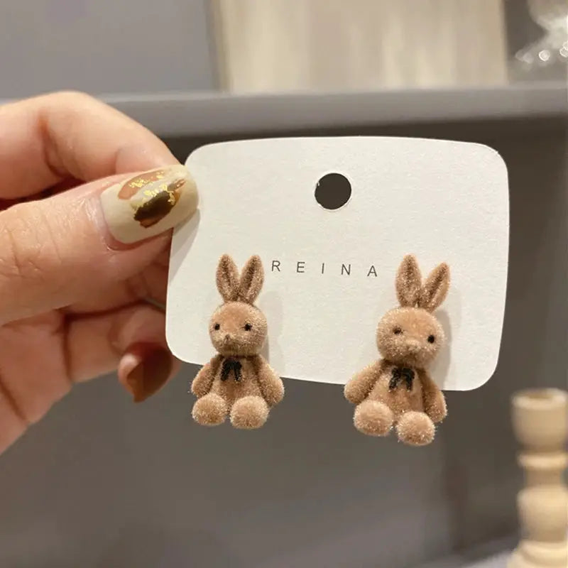New Design Cute Flocking Plush Rabbit Stud Earrings For Women Korean Fashion Brown Jewelry Gift Party