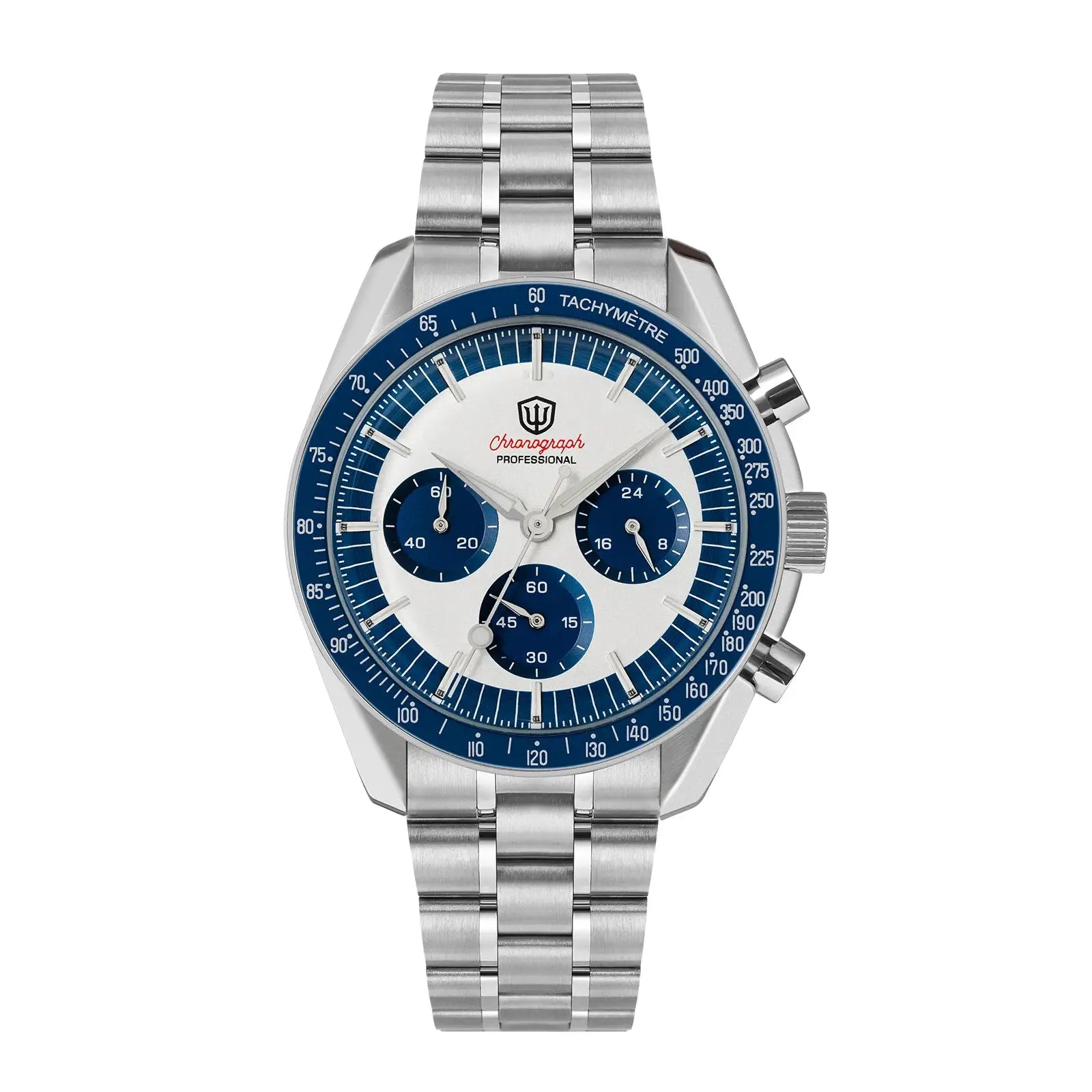 Chronograph watch in stainless steel with blue tachymeter bezel and white dial, blue subdials, metal bracelet.