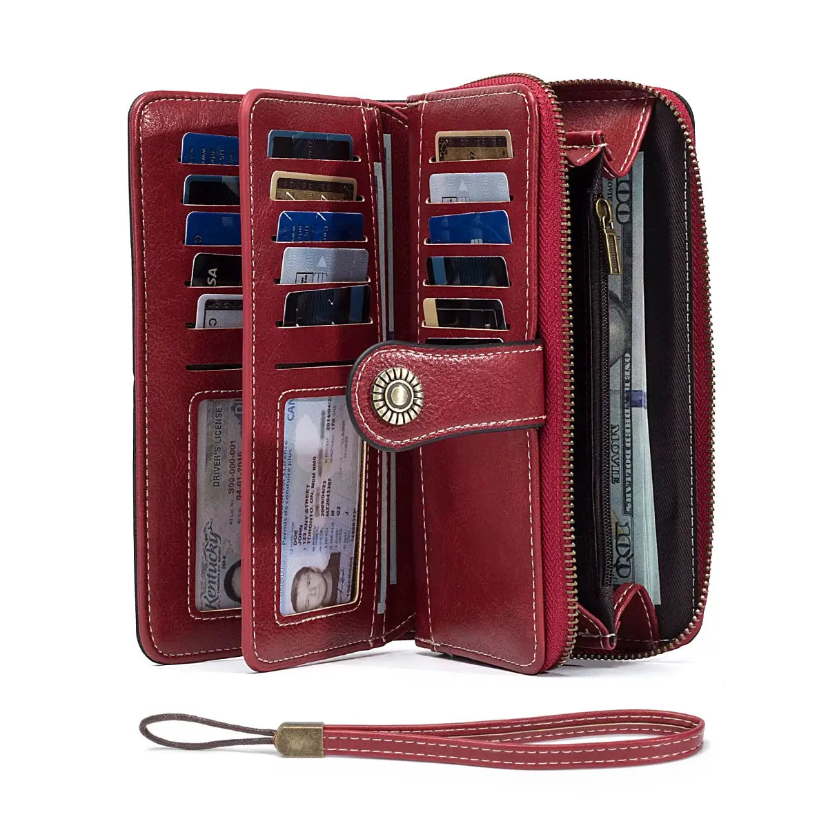 Red oil-waxed leather RFID anti-theft long wallet with multiple card slots, zipper pouch, and wrist strap