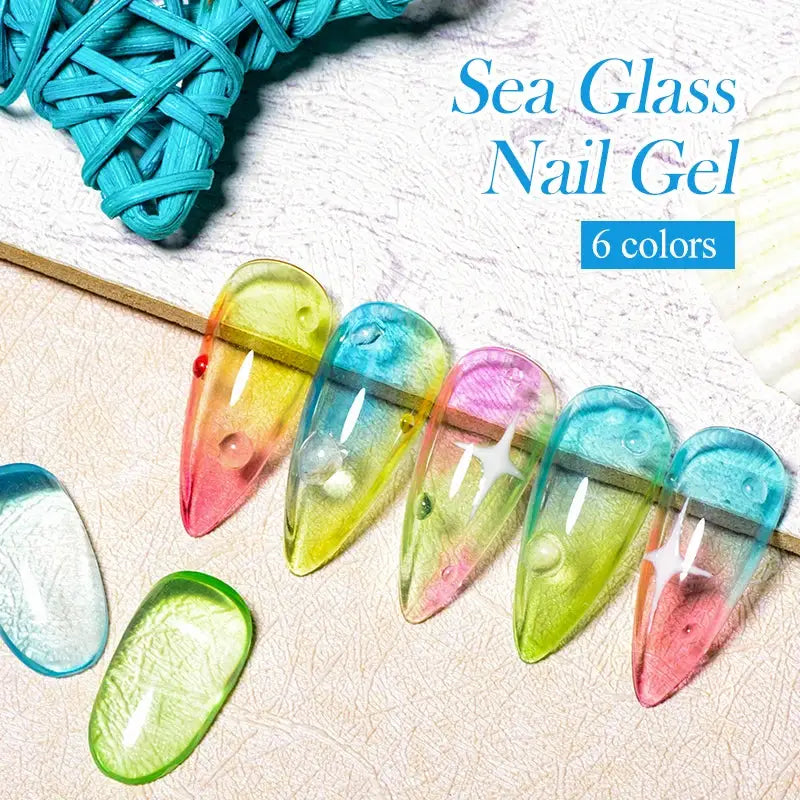 Sea Glass gel nail polish set, 6 jelly colors, transparent soak-off UV varnish kit