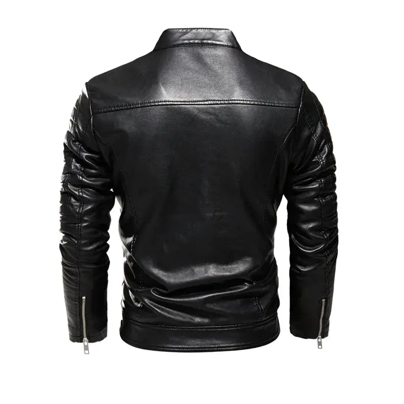 Men's black leather motorcycle jacket by Simples Market with zip cuffs and slim fit