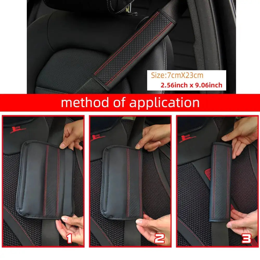 PU leather embossed car seat belt shoulder cover by Simples Market, black with red stitching, 7x23 cm