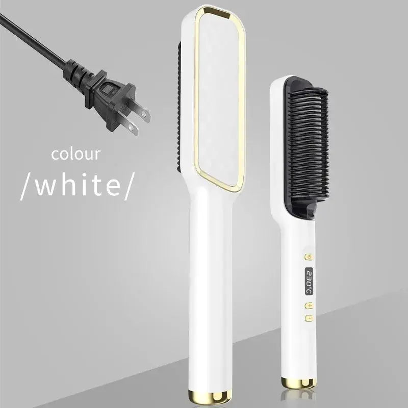 Two-piece electric hot comb and straightening brush set by Simples Market, white with gold trim.