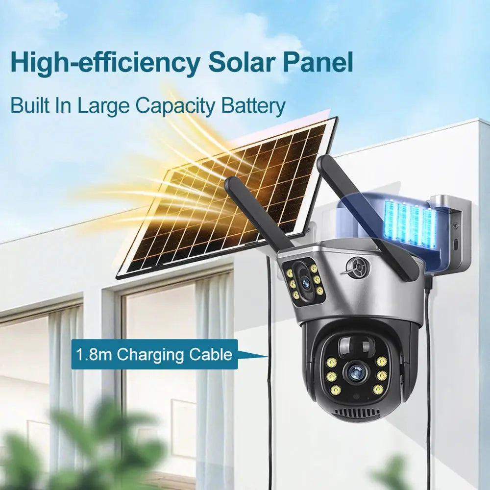 Simples Market solar security camera with 4G/WiFi, outdoor dual lenses, 8MP/4K, PIR night vision.