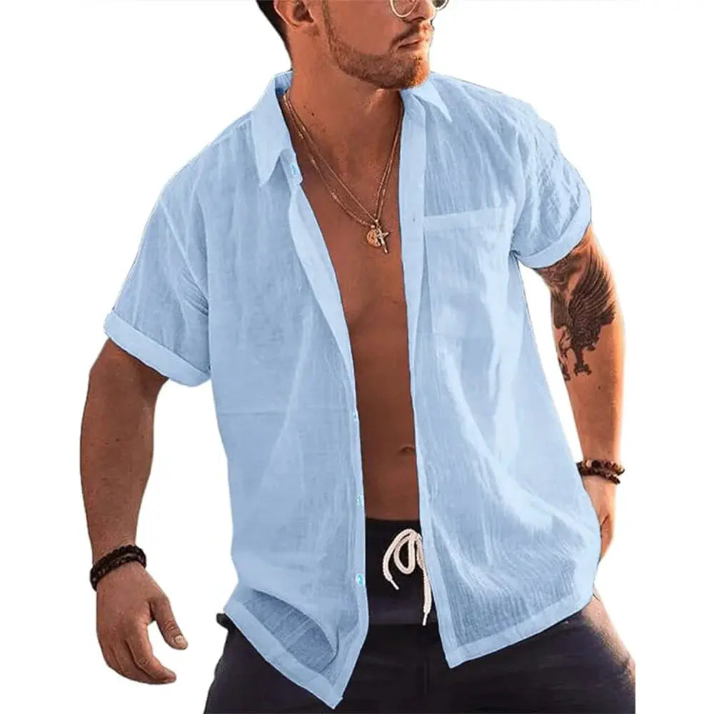 Simples Market men's light blue linen-cotton short-sleeve button-up shirt with chest pocket
