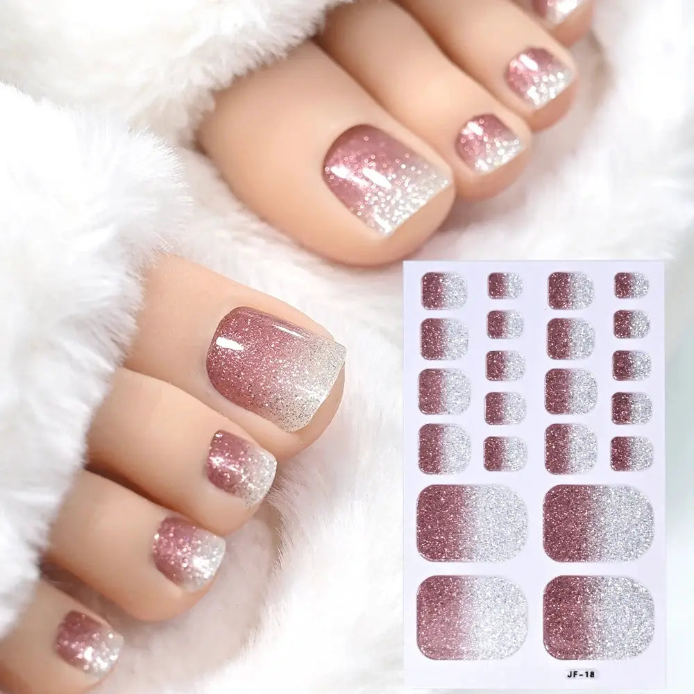 Simples Market toe nail sticker wraps; pink-to-silver glitter gradient, full-coverage toenail decals, 20-piece sheet
