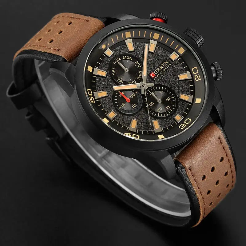 CURREN 8250 men's waterproof casual three-hand watch with black case and brown leather strap, gold-tone markers.