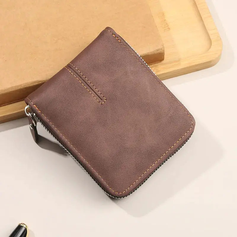 Men's brown leather zip-around wallet by Simples Market, three-fold retro square design