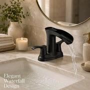 Simples Market Modern Waterfall Bathroom Faucet, matte black, 4in centerset, dual-handle deck-mount with pop-up drain.
