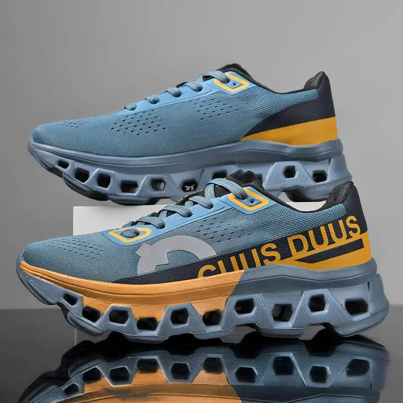 Men's running shoes by Simples Market; blue breathable mesh with orange accents and rugged off-road sole
