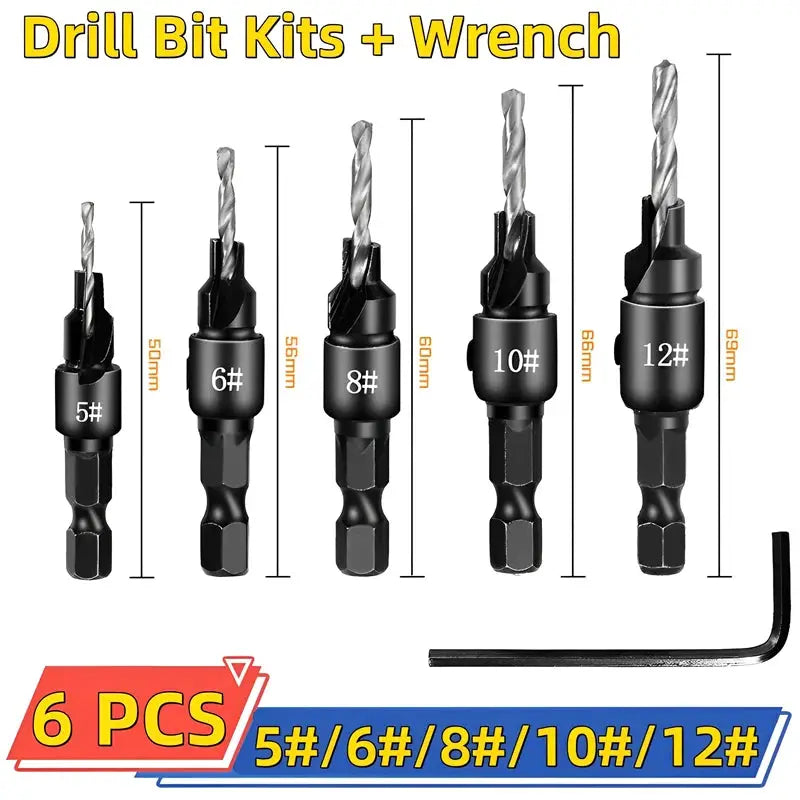 5 Piece Countersink Drill Bit Set For Woodworking With Pilot Holes For Screw Sizes 5 6 8 10 12