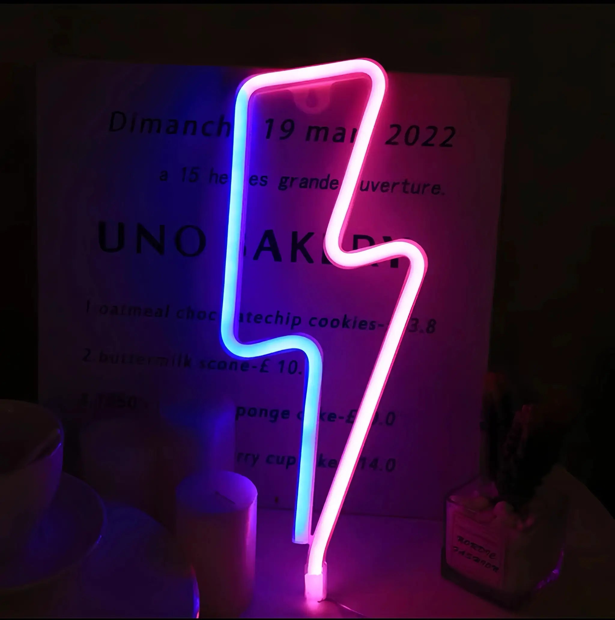 Lightning LED neon light by Simples Market, USB/battery powered with pink and blue glow for bedroom or party decor