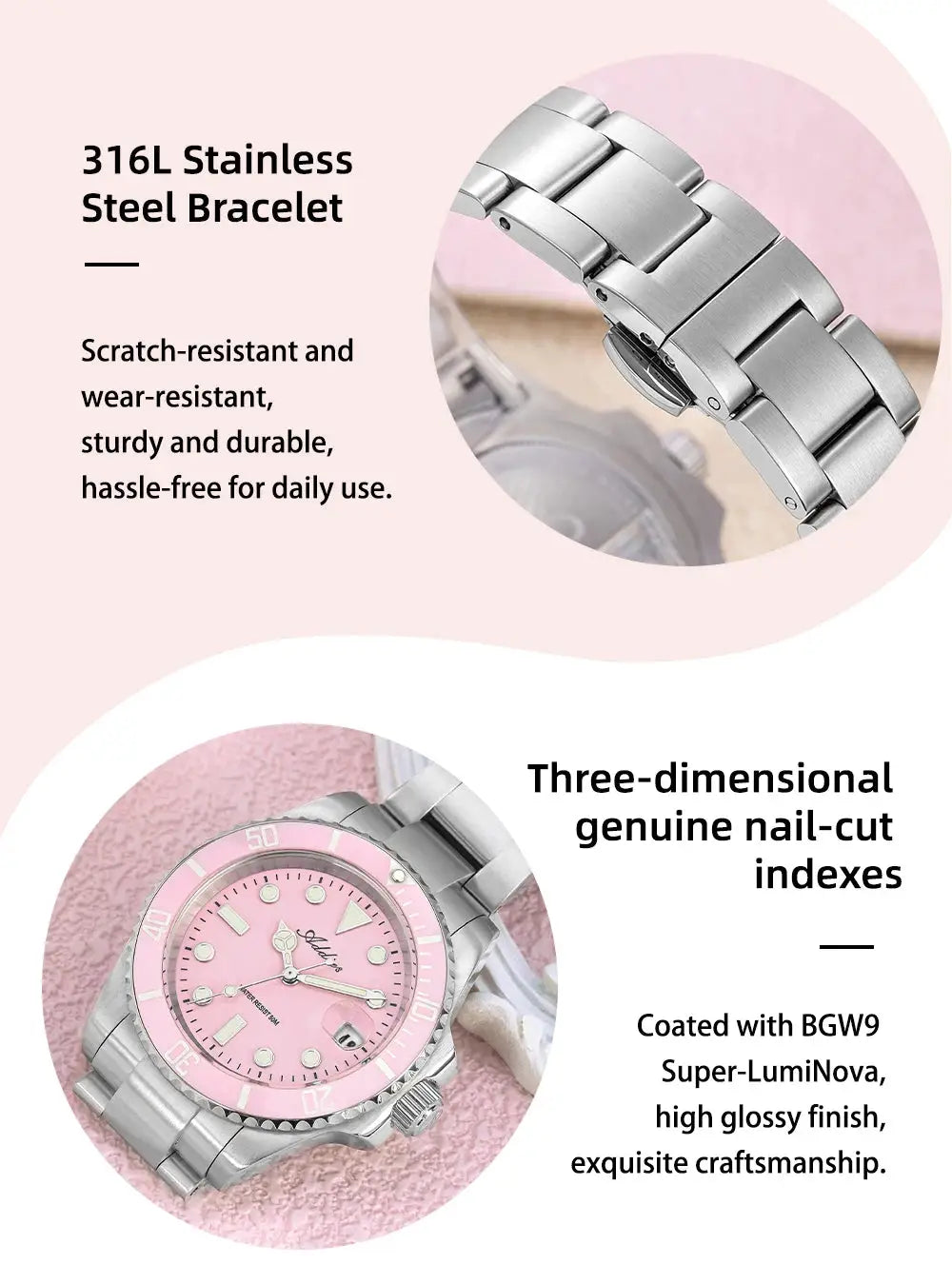 Two women’s watches: stainless steel bracelet version and pink dial version with luminous indexes and ceramic bezel.