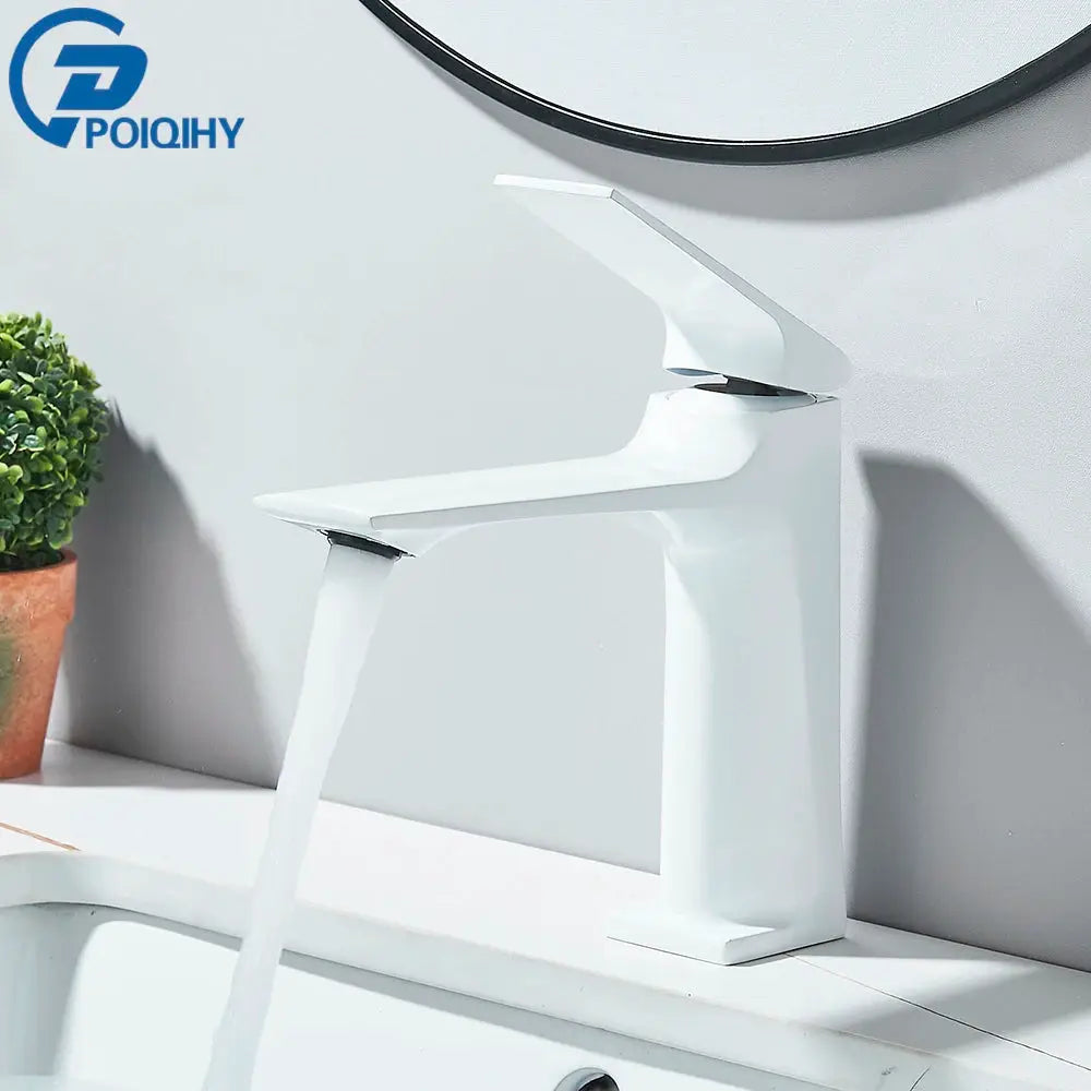 Deck-mounted bathroom sink mixer faucet in white finish with a single lever