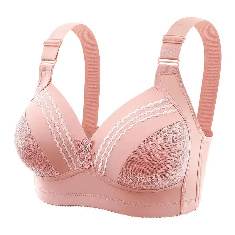 Pink lace-panel bra with wide straps, scalloped trim and center bow; non-underwire, breathable cups