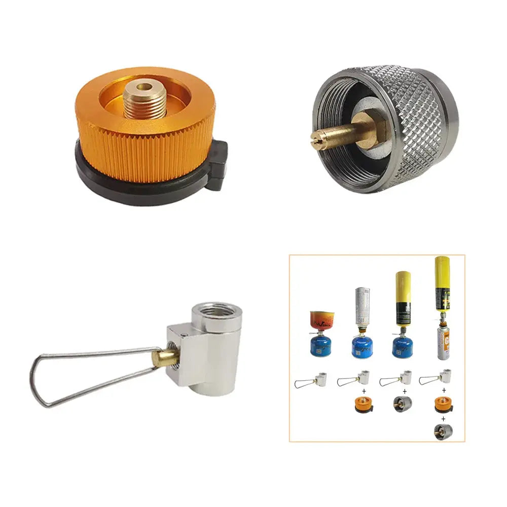 Simples Market 3-piece camping stove adapter set with orange Lindal valve adapter and silver canister adapter