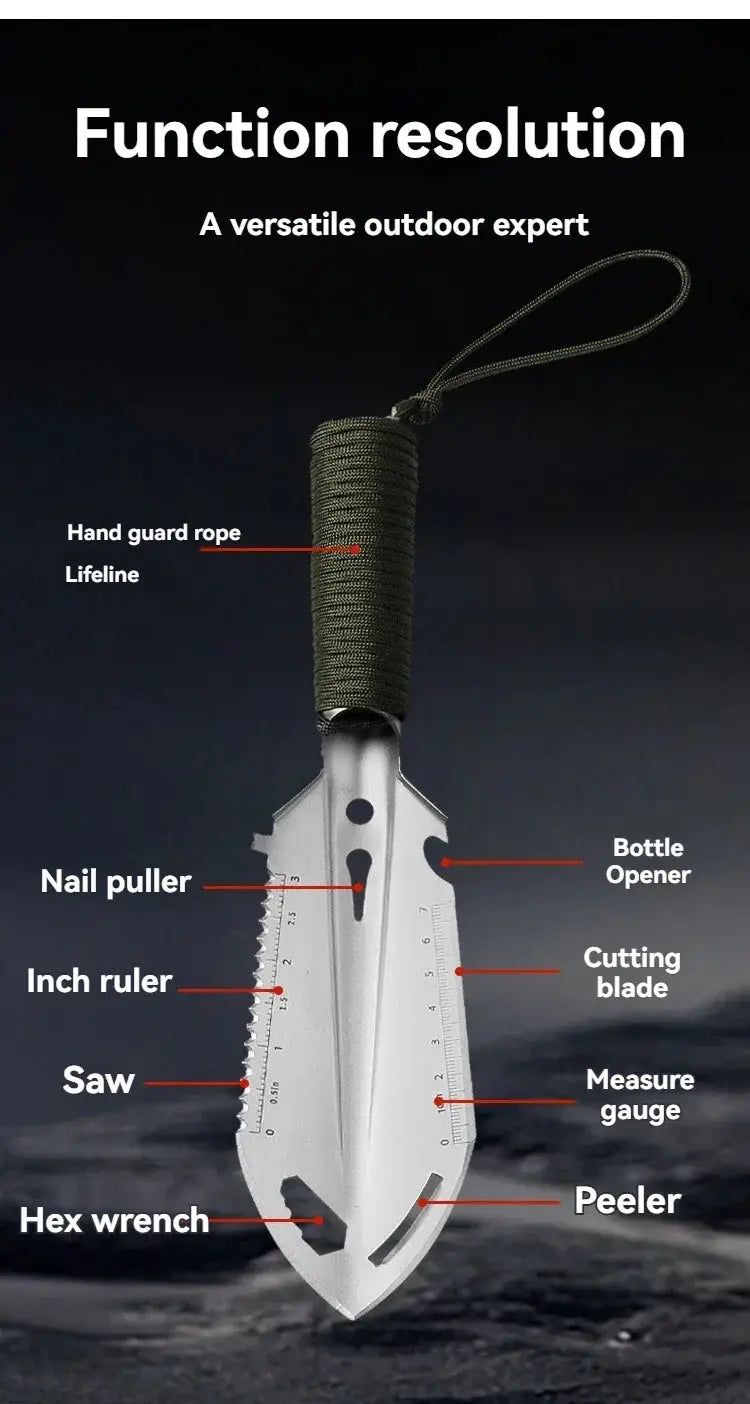 Sappers shovel by Simples Market, stainless steel, olive-green paracord handle.