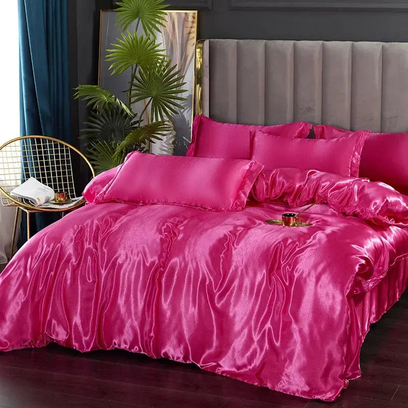 Satin bedding set by Simples Market in hot pink with duvet cover, sheets and pillowcases