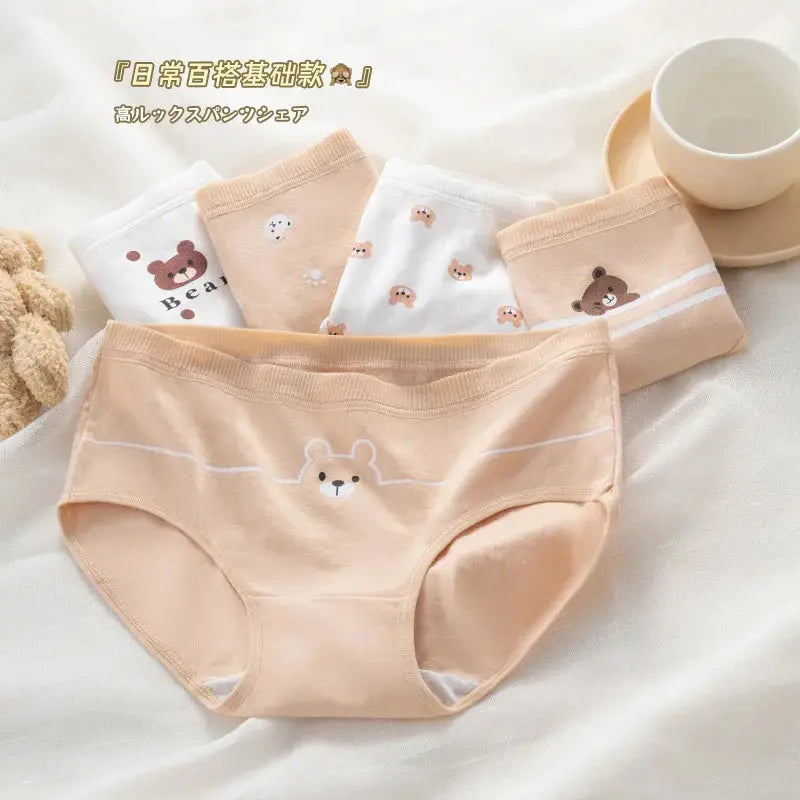 5-pack cotton panties set with bear cartoon prints, mid-waist briefs in peach and white