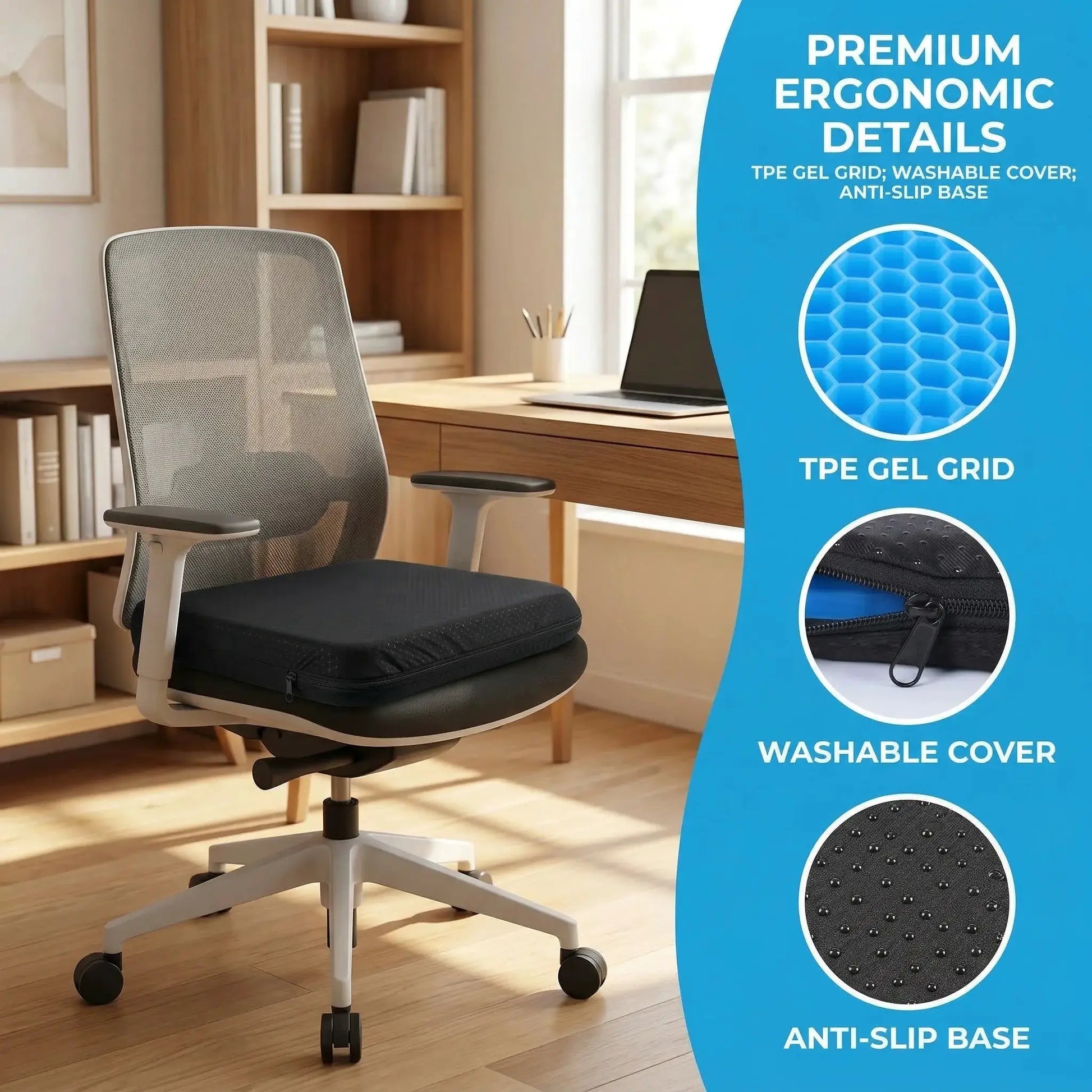 Gel seat cushion for office chair with non-slip cover; black with honeycomb gel grid.