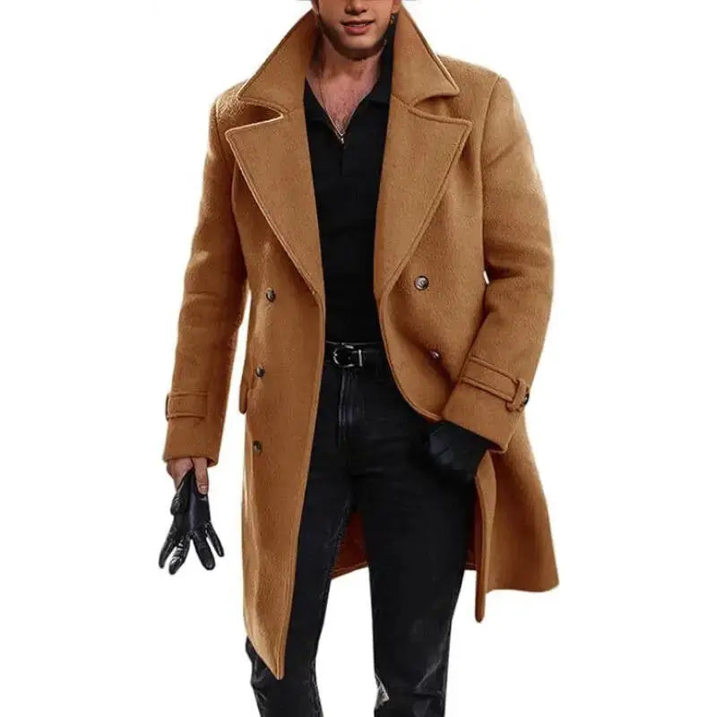 Simples Market camel wool-blend long double-breasted men's coat with turn-down collar