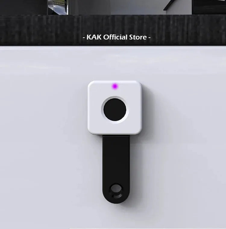 KAK biometric fingerprint drawer lock, white square faceplate with black latch and purple LED indicator