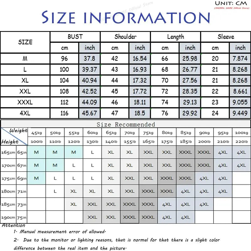 Men's polo shirt size chart with bust, shoulder, length and sleeve measurements (M–4XL)