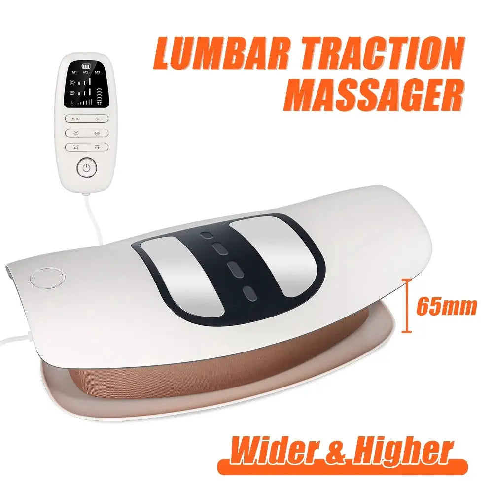 Lumbar traction massager with remote, white belt-style device, 65mm wide with beige inner pad, Simples Market